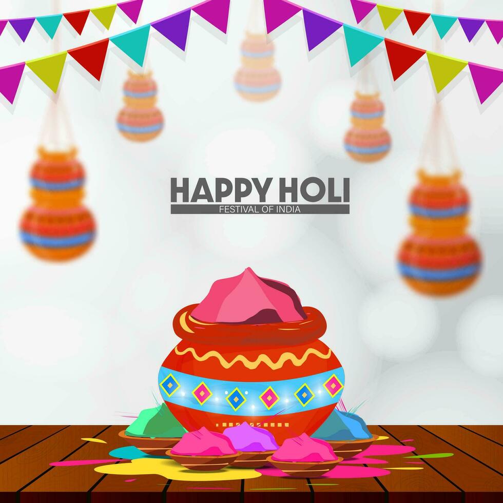 Happy Holi Indian Color Festival Greetings with Bokeh Effect. vector