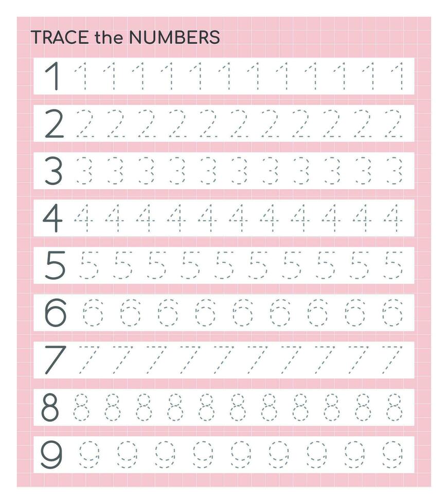 Education material with numbers from one to nine. Tracing number for kids. Learning to count and write. learning the numbers. Preschool activities, leisure games, worksheet for kids. vector