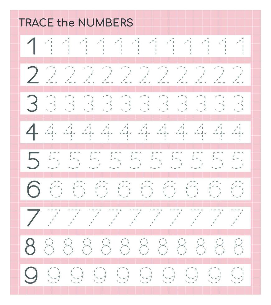 Education material with numbers from one to nine. Tracing number for kids. Learning to count and write. learning the numbers. Preschool activities, leisure games, worksheet for kids. vector
