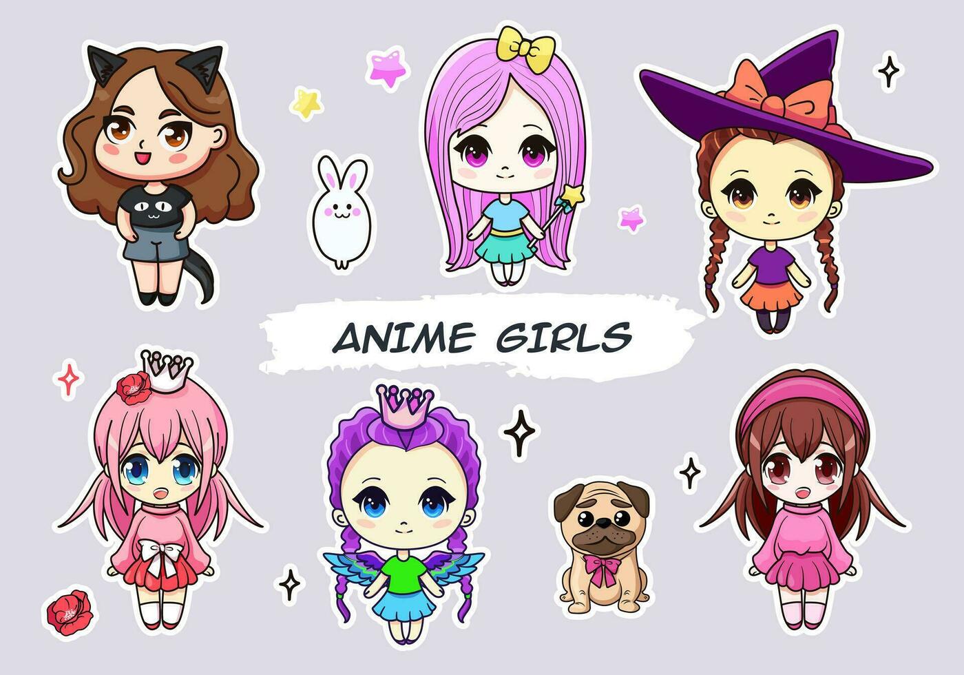 A set of cute anime girls illustrations in various clothes and hair styles. isolated Cartoon sticker pack with cute chibi girls and animals. Vector stickers or badges for any use.