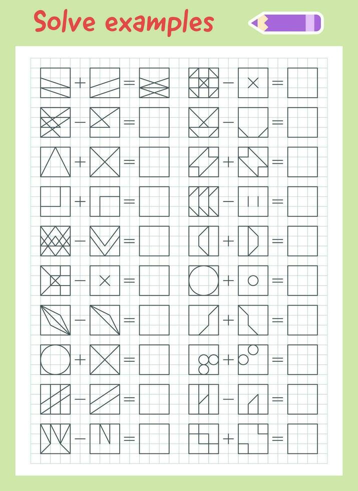 Logic exercises for children. Solve examples according to the model. Math game for kids. Printable worksheet with graphic tasks. Addition and subtraction. vector