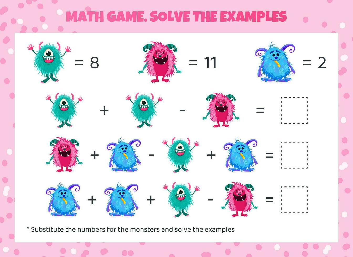 Math game for kids. Replace the monsters with numbers and solve the examples. Mathematical Worksheet for preschool children. Addition and subtraction. Vector illustration. Cartoon fluffy monsters.