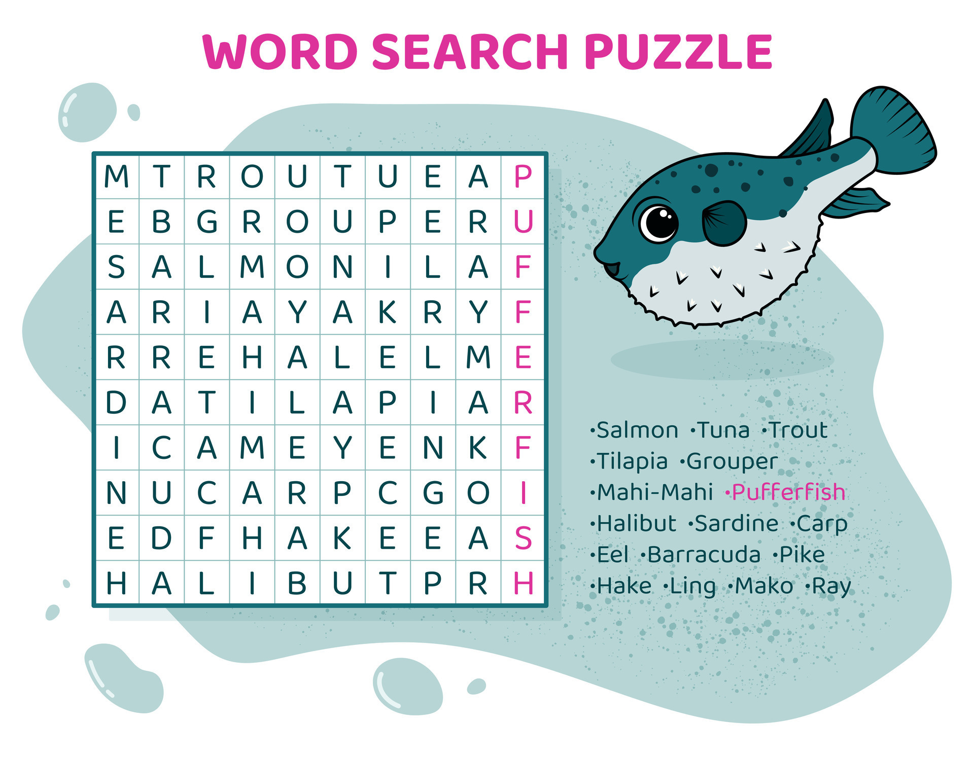 Word search puzzle with various fish. Education game for children