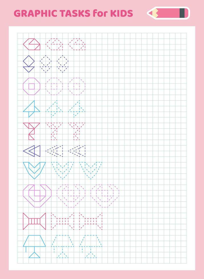 Drawing by cells. Educational game for preschool children. Worksheets for practicing logic and motor skills. Game for children. Graphic tasks with different objects and elements. Vector illustration