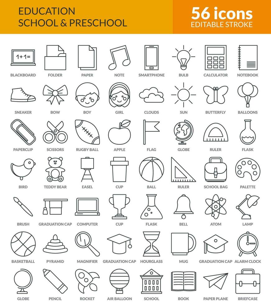 Set of 56 flat line icons with school supplies. Back to school. Editable stroke. Outline isolated simple vector icons. Modern design with signs of education. School and preschool concept. Big icon set