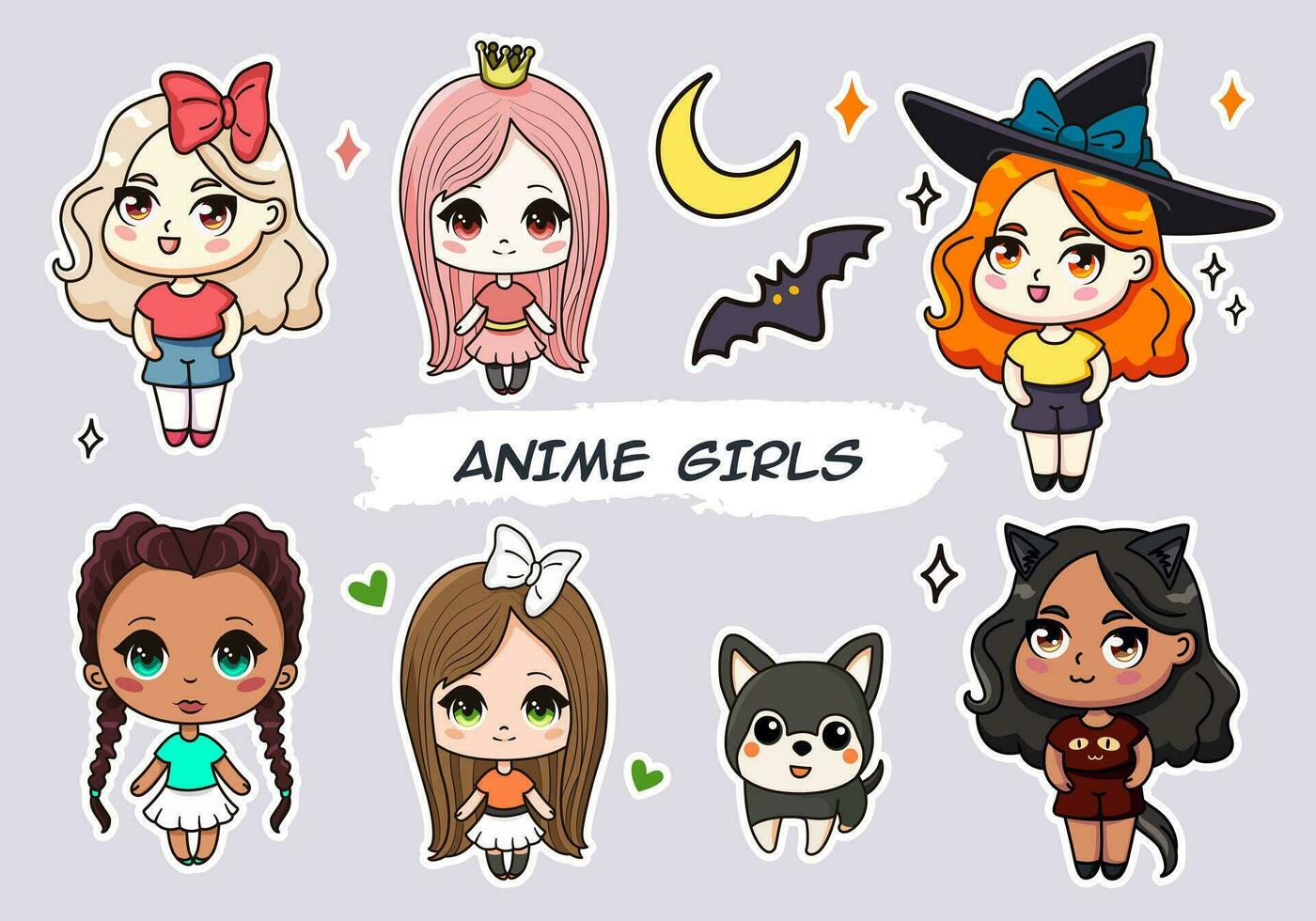 A set of cute anime girls illustrations in various clothes and hair styles. isolated Cartoon sticker pack with cute chibi girls and animals. Vector stickers or badges for any use.