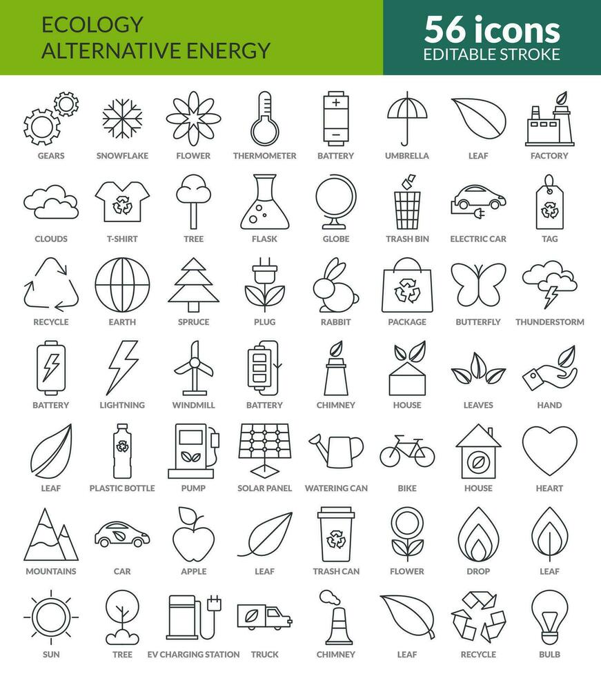 Eco friendly related line icons set in minimal style. Editable stroke. Ecology icons. isolated symbols. Green eco technology. Alternative energy ecological concept. Vector illustration