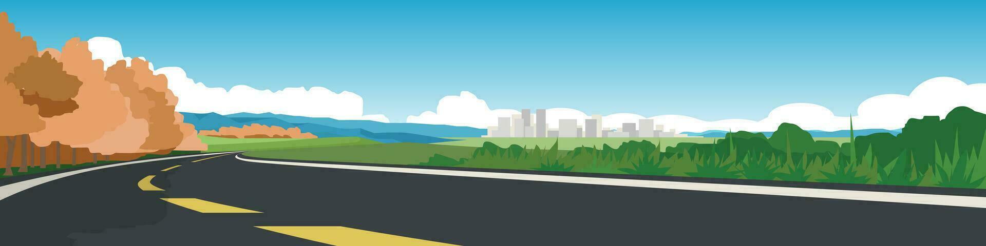 Copiar espacio plano vector ilustración de devanado pavimentado carreteras y el alrededores de el abierto campos de primavera sus antecedentes mira me gusta un enorme distante montaña y cielo.