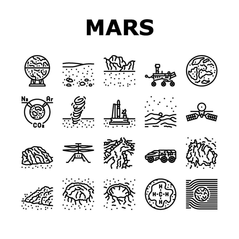 Marte planeta espacio astronomía íconos conjunto vector