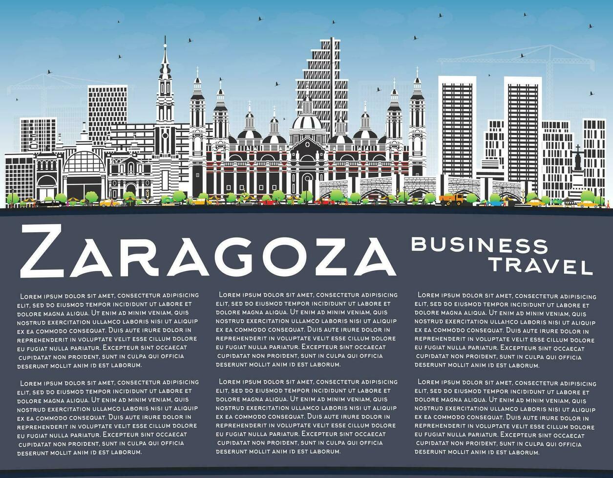 Zaragoza Spain City Skyline with Color Buildings, Blue Sky and Copy Space. vector