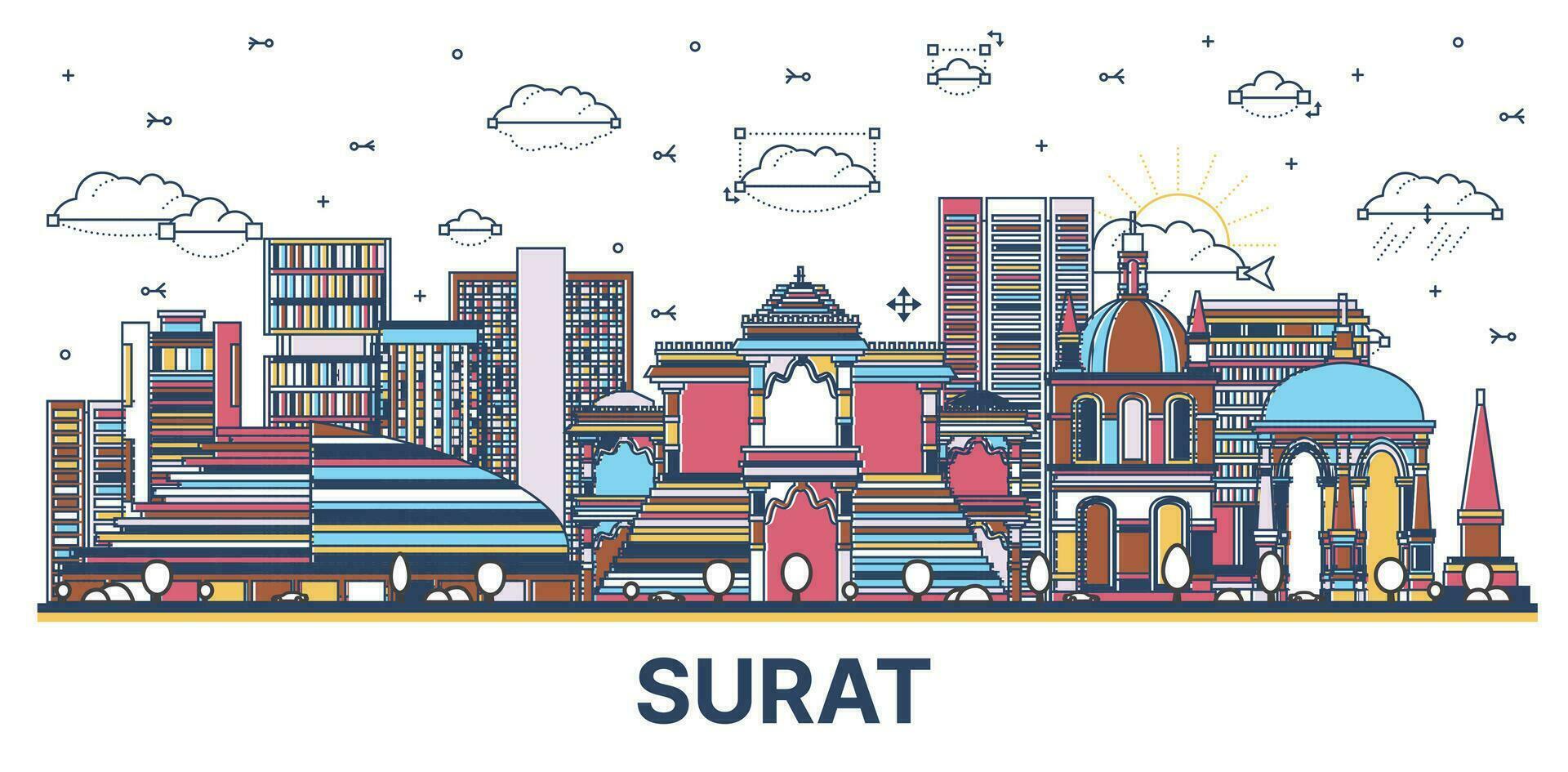 contorno surat India ciudad horizonte con de colores moderno y histórico edificios aislado en blanco. vector