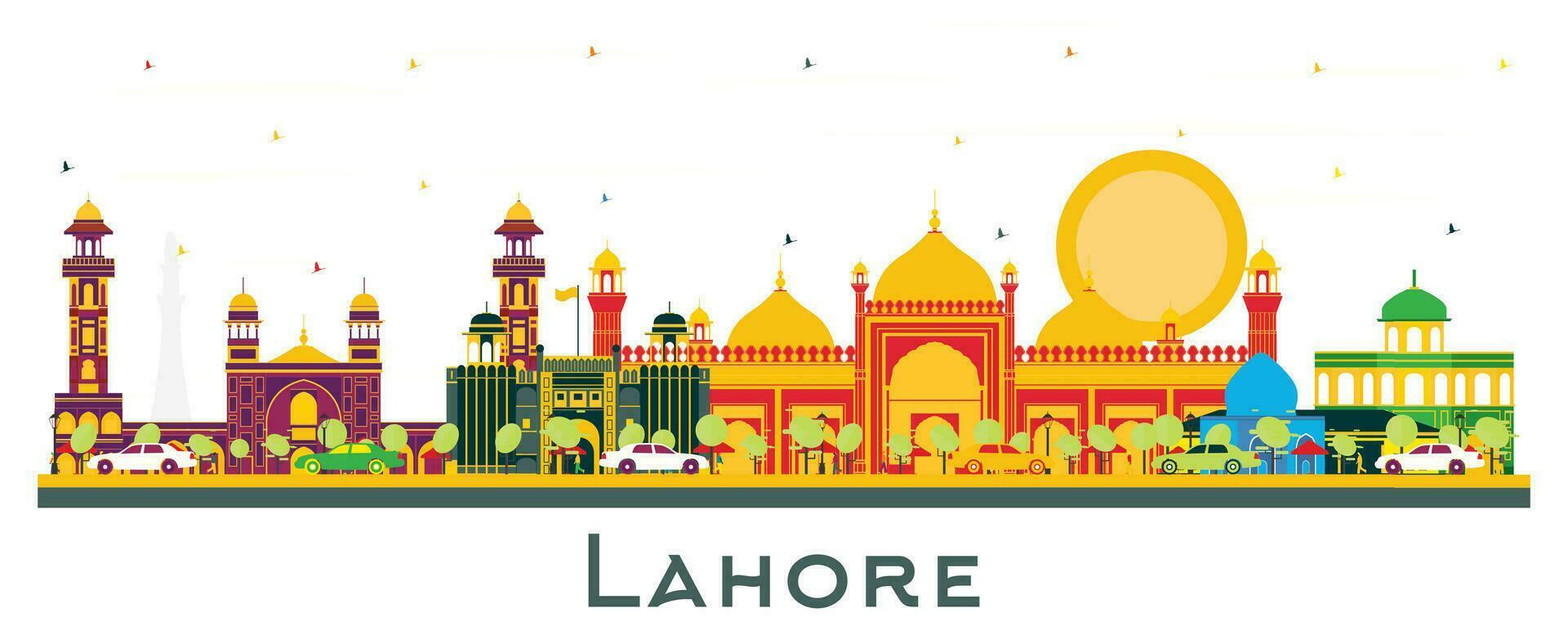 Lahore Pakistan City Skyline with Color Landmarks Isolated on White. vector