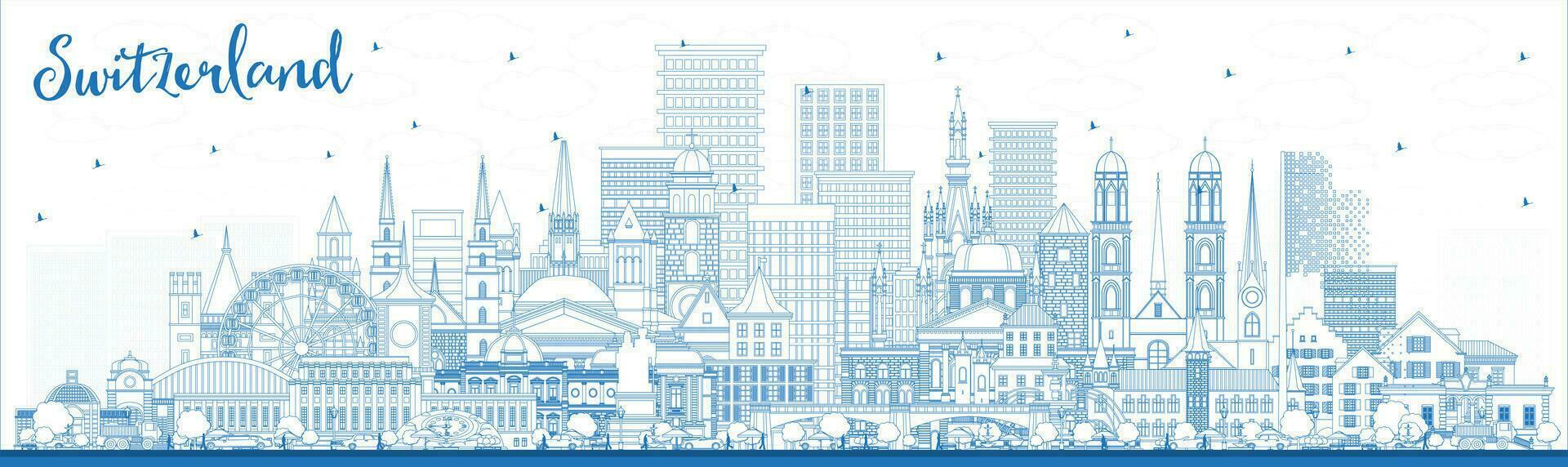 Outline Switzerland City Skyline with Blue Buildings. vector