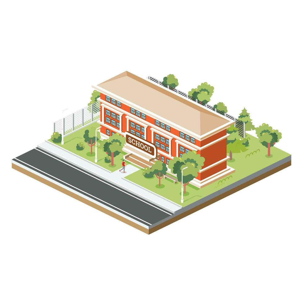 Isometric School Building Isolated on White Background. Trees and Road. Man Goes to the School. vector