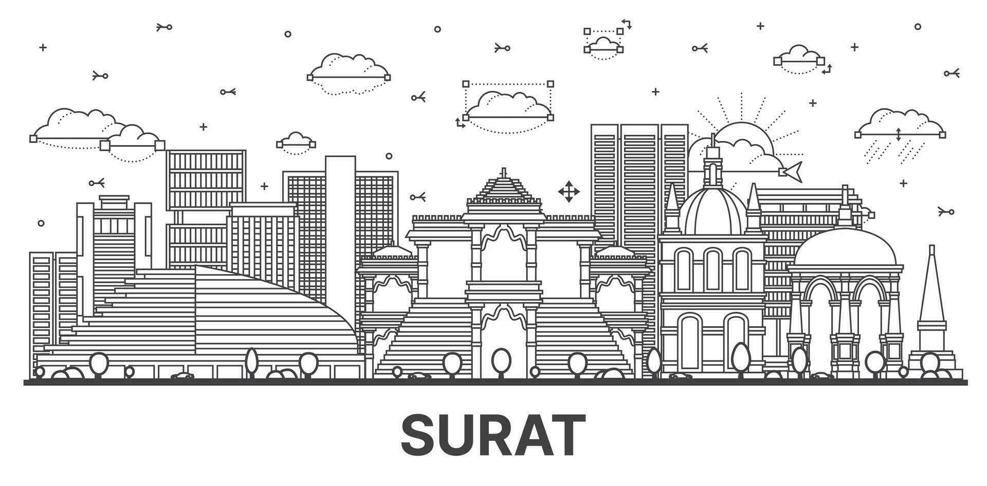 contorno surat India ciudad horizonte con moderno y histórico edificios aislado en blanco. vector