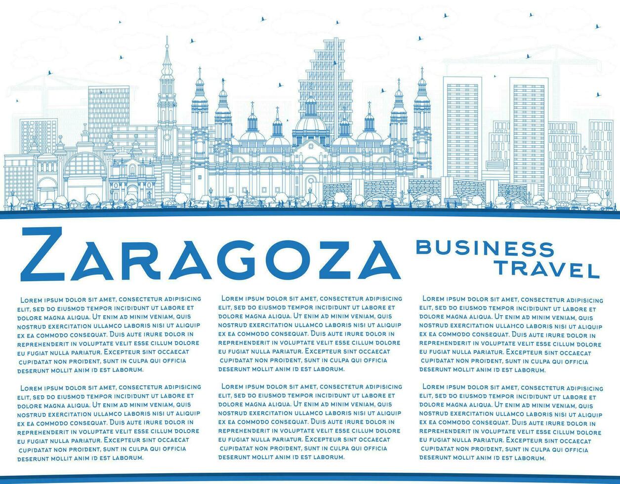 Outline Zaragoza Spain City Skyline with Blue Buildings and Copy Space. vector