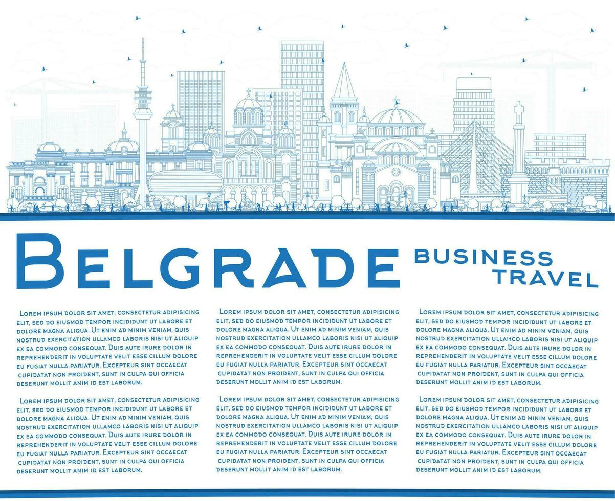 Outline Belgrade Serbia City Skyline with Blue Buildings and Copy Space. vector