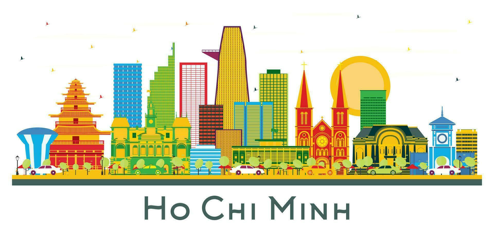 Ho Chi Minh Vietnam City Skyline with Color Buildings Isolated on White. vector
