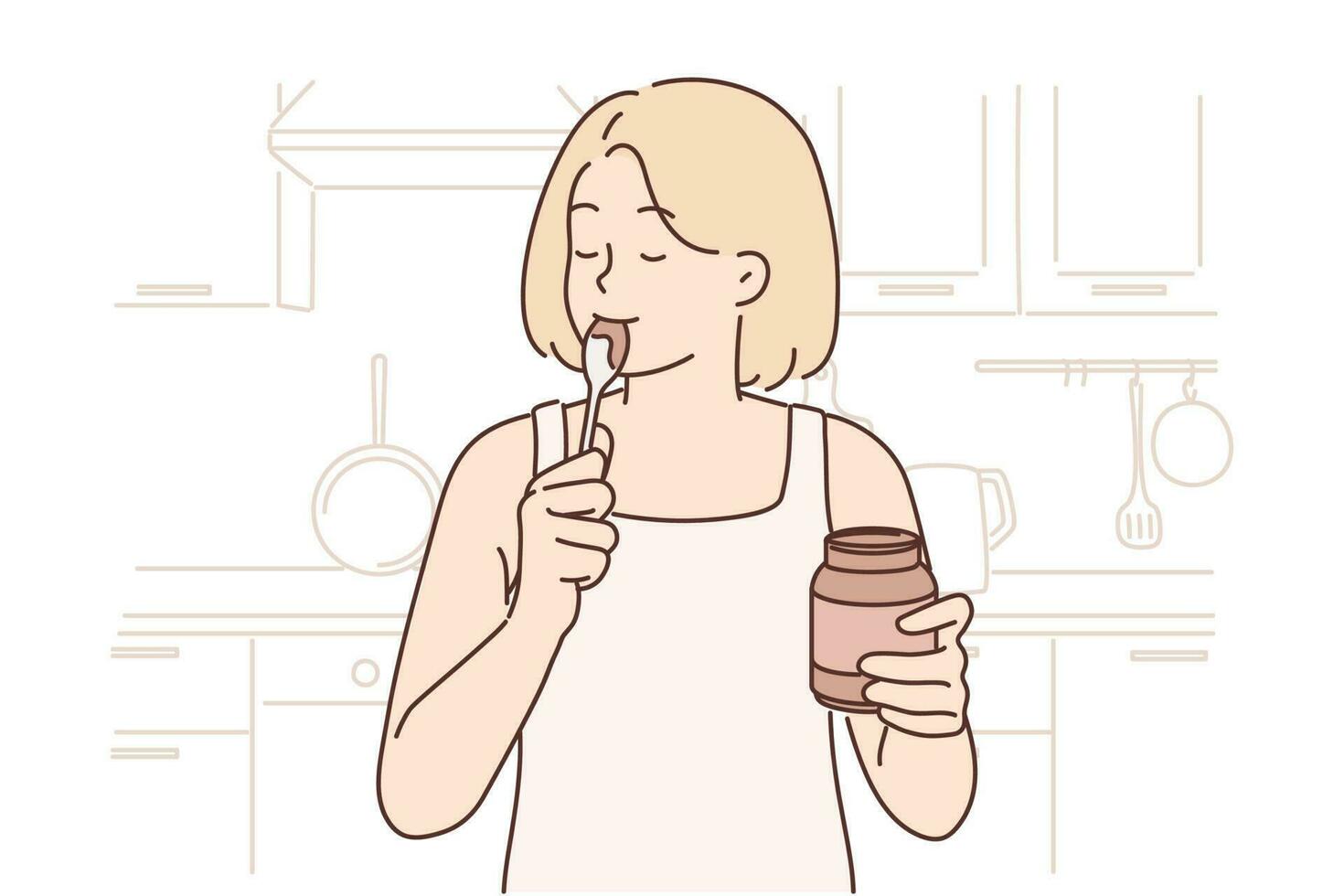 Happy woman stands in kitchen with jar of chocolate paste or peanut butter and licks spoon satisfying hunger with junk food. Positive girl eats high-calorie peanut butter after long diet vector