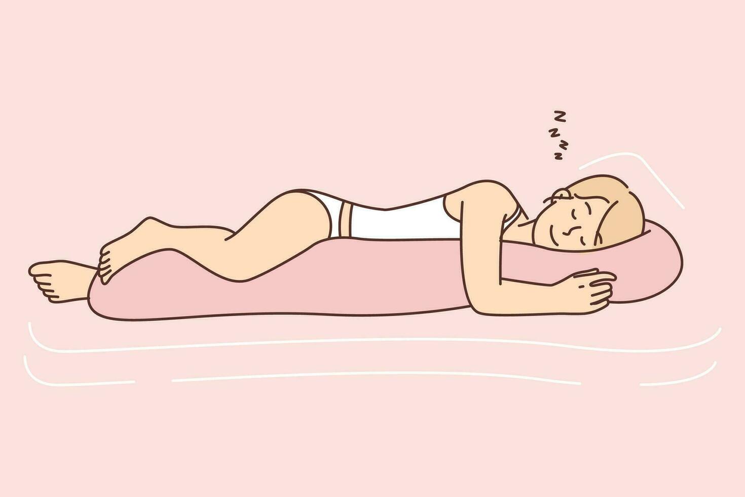 mujer duerme con sonrisa abrazando cuerpo almohada disfrutando descanso después y restaurar fuerza de difícil día. joven niña en bragas y camisón duerme en cama con largo almohada y tiene agradable Sueños vector