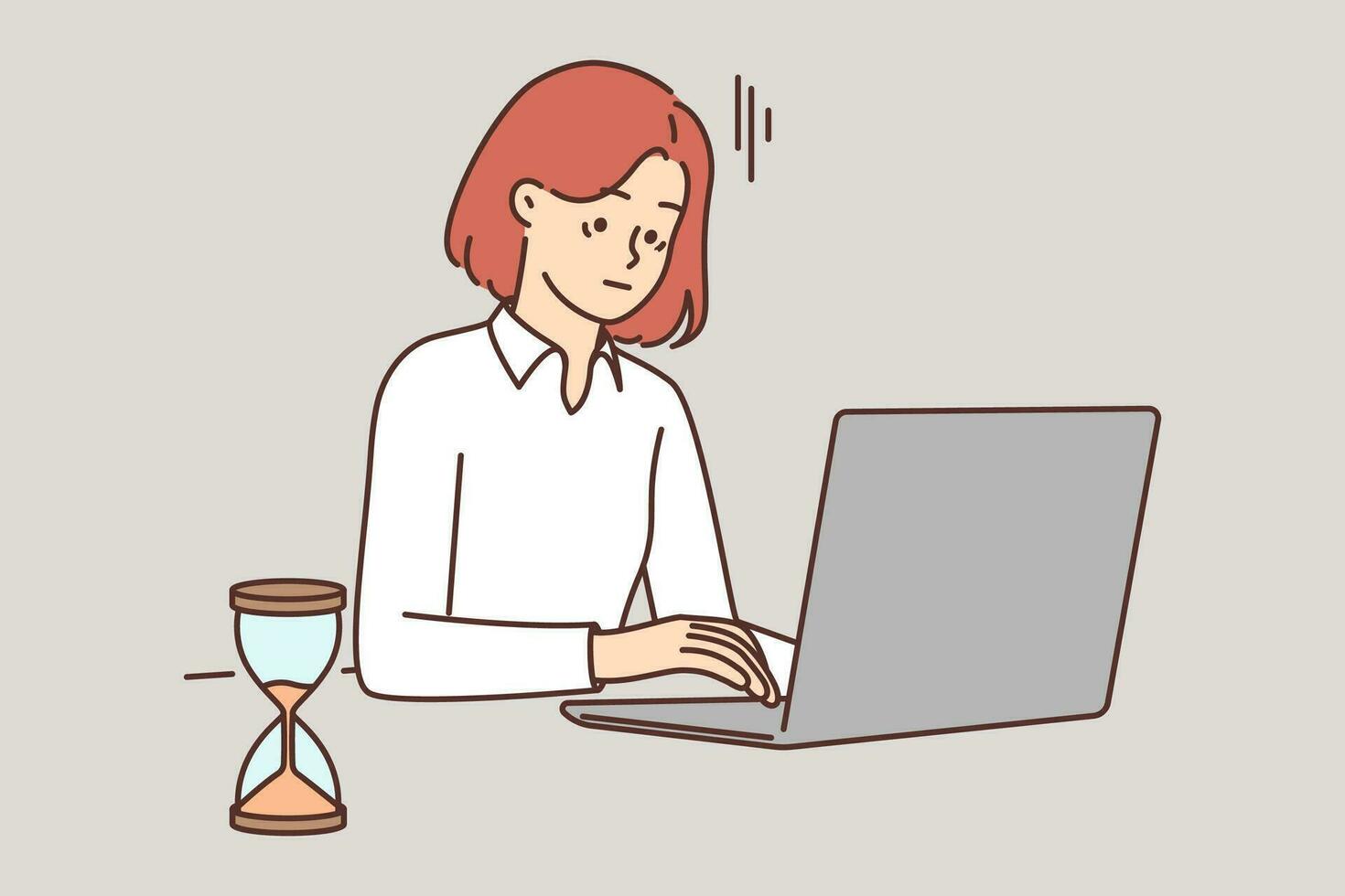 Tired woman with laptop works in office sitting near hourglass symbolizing tough deadlines. Tired businesswoman experiencing mood problems due to overwork and overload associated with strict deadlines vector