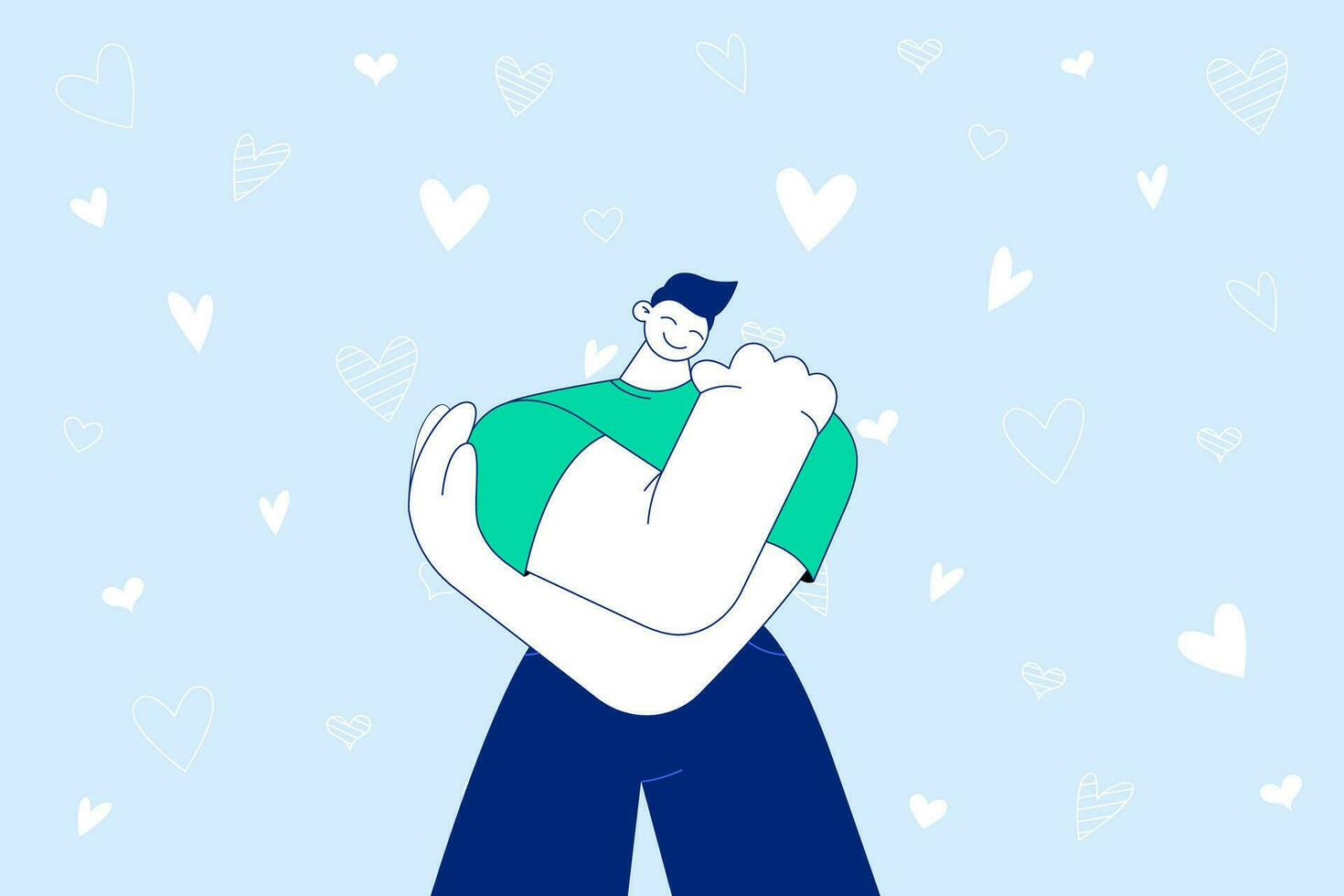 yo cuidado, yo amor y estima concepto. joven sonriente hombre dibujos animados personaje en pie y abrazando él mismo sensación contento y positivo solo siendo orgulloso terminado azul antecedentes con corazones vector