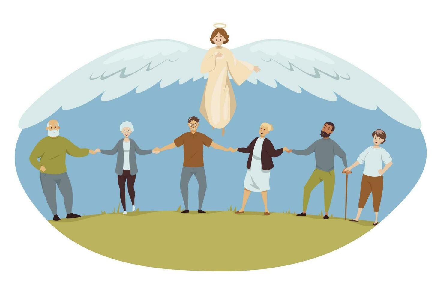 Protection, health, care, support, religion, christianity concept. Angel biblical religious character protects old men women grannies grandfather senior citizens pensioneers. Divine help illustration. vector