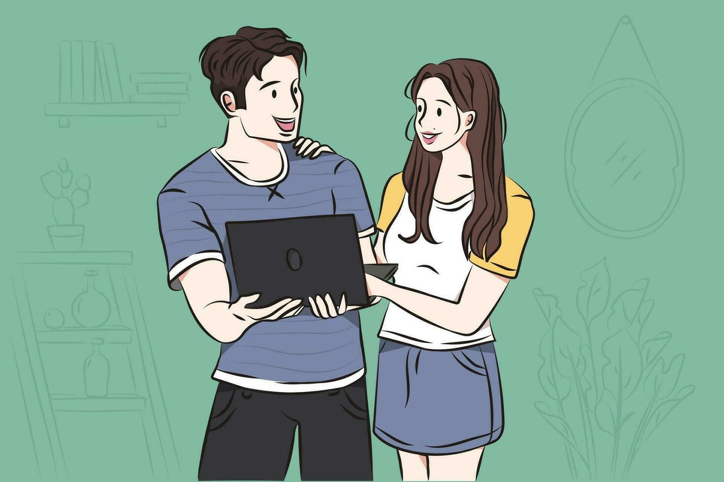 Technologies and positive emotions concept. Portrait of cheery happy couple holding laptop computer standing and celebrating vector illustration