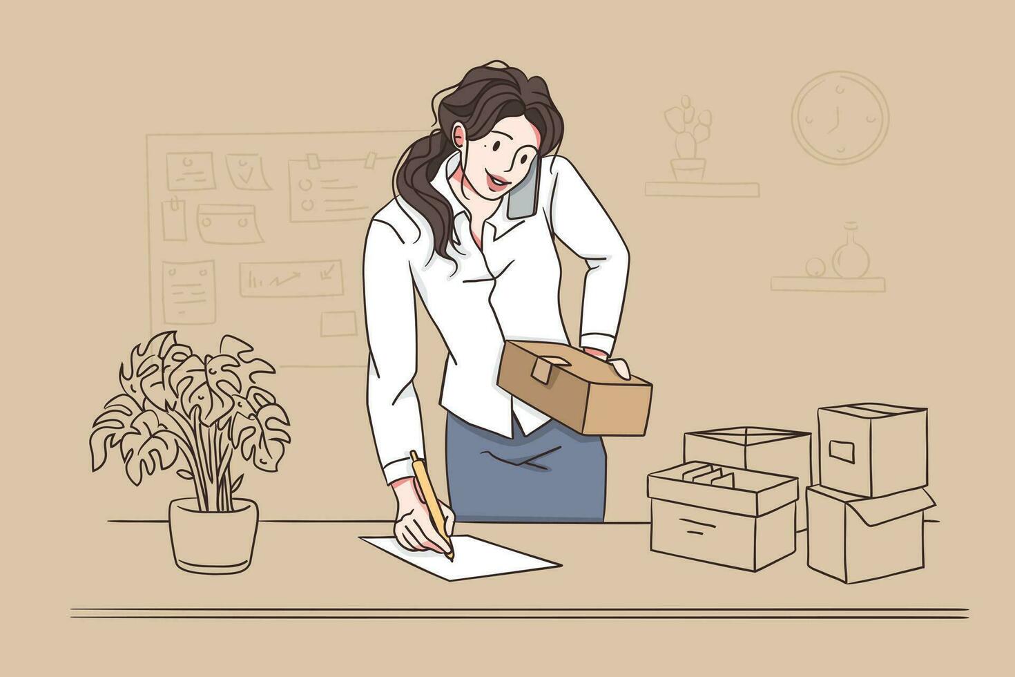 Multi tasking in office concept. Young pretty brunette woman cartoon character standing talking on phone while writing tasks and holding boxes in office vector illustration