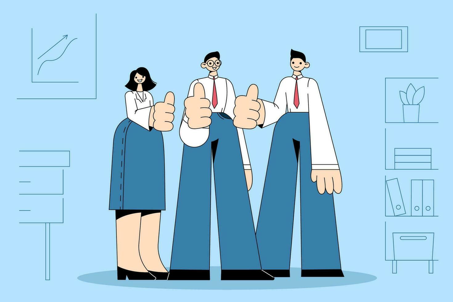 Teamwork, success, collaboration concept. Group of young positive business people workers standing together and showing thumbs up signs with fingers in office together in team vector illustration