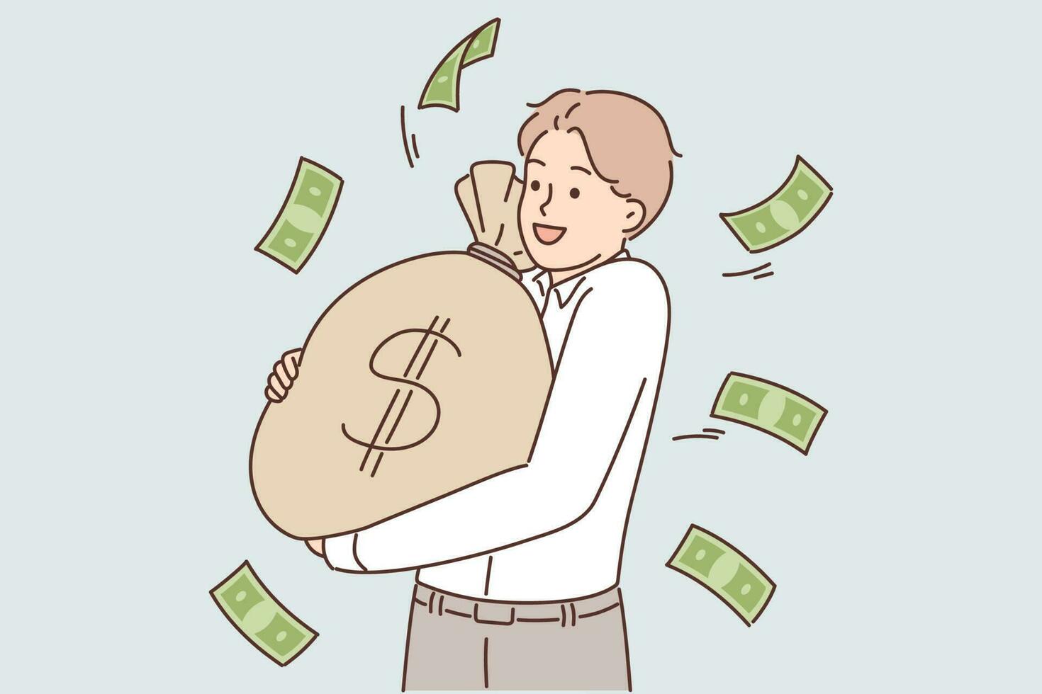 Successful businessman carrying big bag of cash earned from investment or sale of company. Businessman holding dollar bills smiling and wishing to deposit money or invest in securities vector