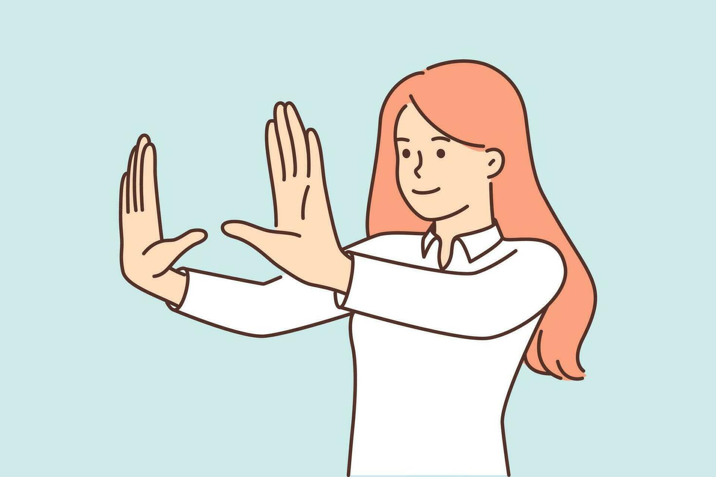Woman stretches arms forward, making frame of palms when choosing place to place picture or position furniture in interior. Red-haired girl focuses to make choice for successful photo or video vector
