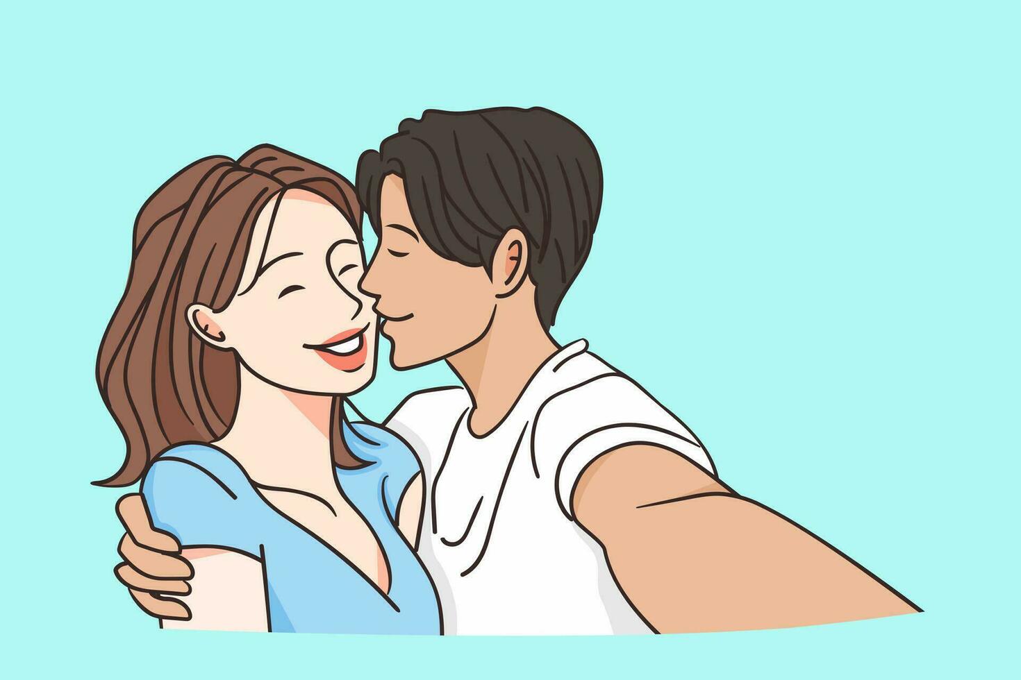 Selfie, happy couple concept. Young happy couple man kissing and hugging beautiful girlfriend and taking selfie photo together during date vector illustration