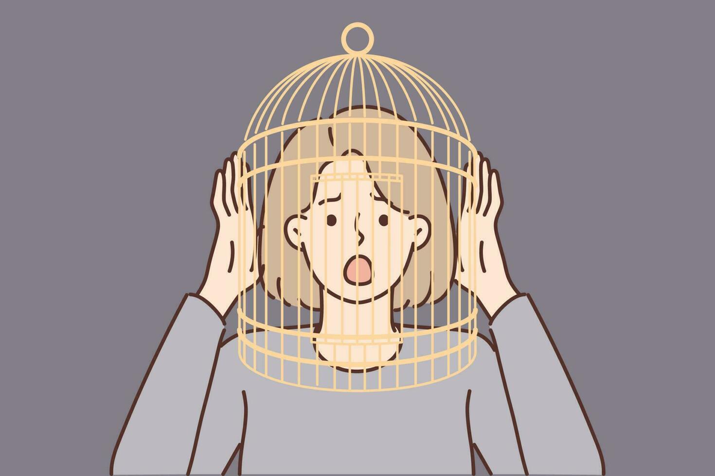 Frightened girl with cage on head screams, having fallen into mental trap negatively affects psychological state. Psychological problems and need to consult psychotherapist in case of depression vector