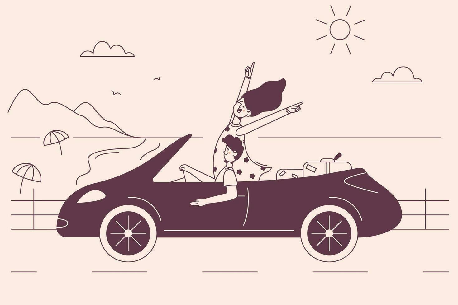 Travel, trip, vacations concept. Young happy couple cartoon characters sitting in car and driving along seaside in summer during traveling journey vector illustration