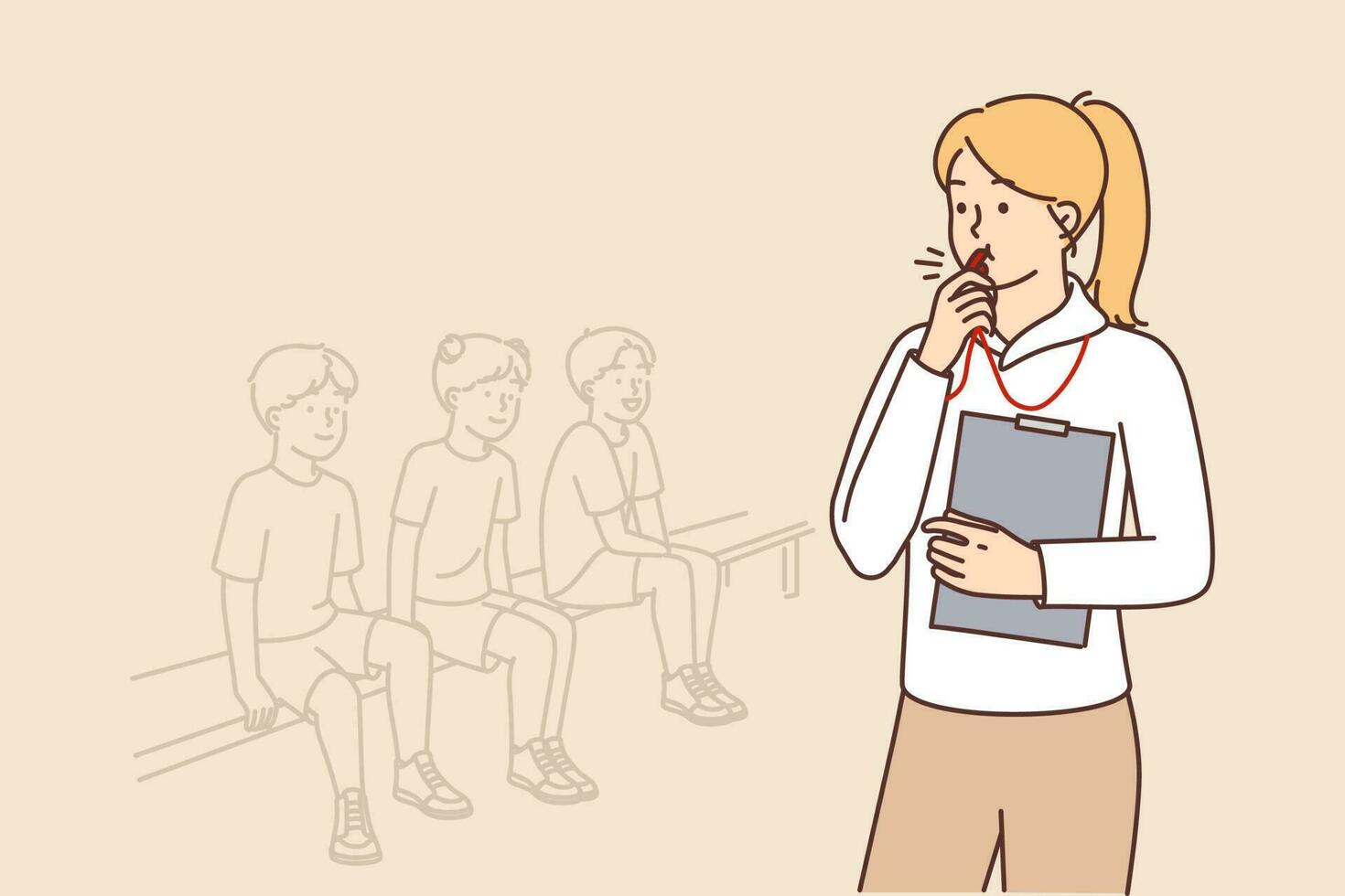 Woman physical education teacher stands near teenage children sitting on bench during sports exams. Referee girl with clipboard in hand uses whistle to announce substitution in children soccer team vector