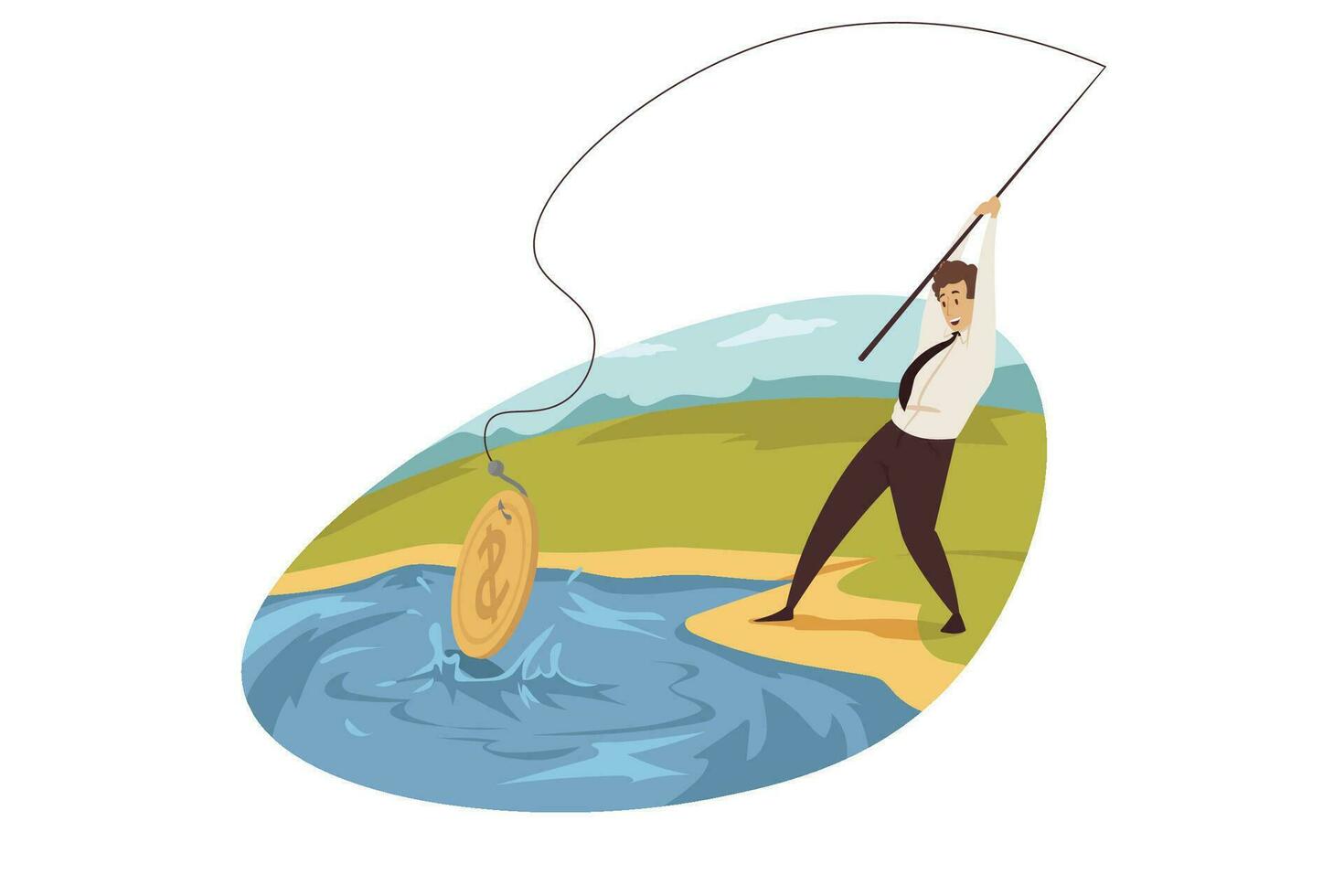 Business, profit, mining, income, fishing concept. Businessman manager worker entrepreneur fisherman catching bitcoin from pond. Cryptocurrency earning and digital finance ecommerce illustration. vector