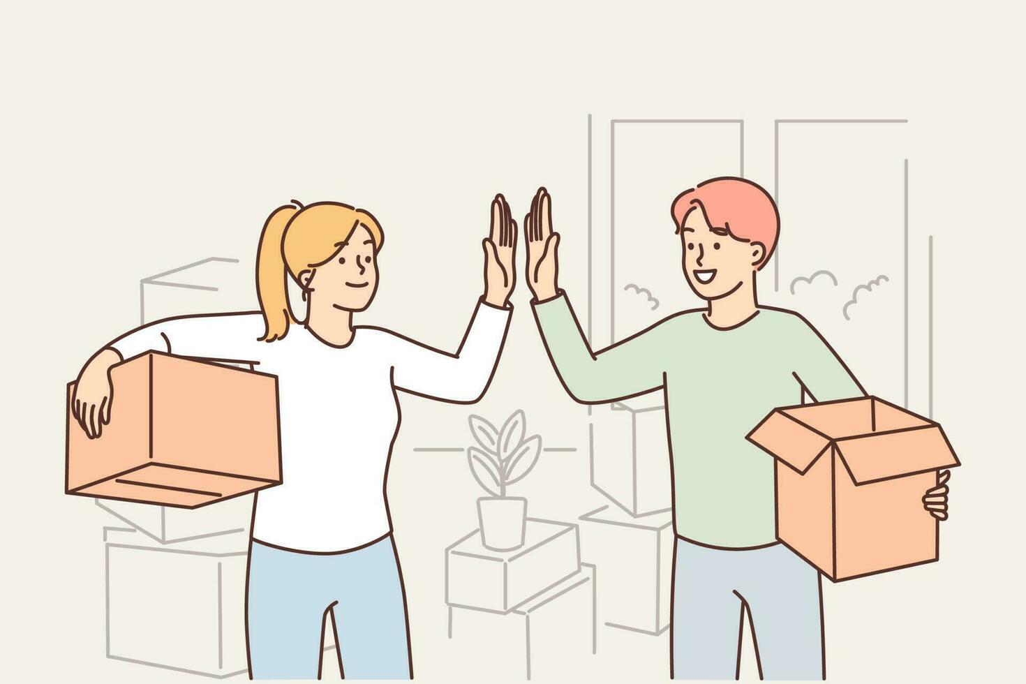 Happy married couple moving into new house and giving each other high five standing with boxes in hands. Man and woman rejoice in moving and renting good property or profitable mortgage vector