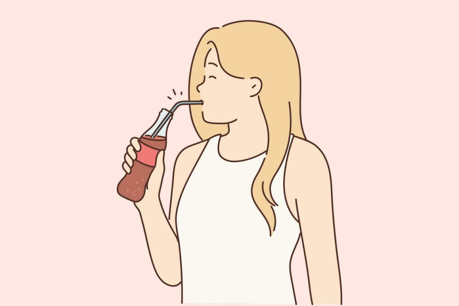 Young woman drinking soda from bottle using straw enjoying invigorating chilled drink. Girl quenches thirst by drinking soda or fizzy water in glass bottle walking in summer weather vector