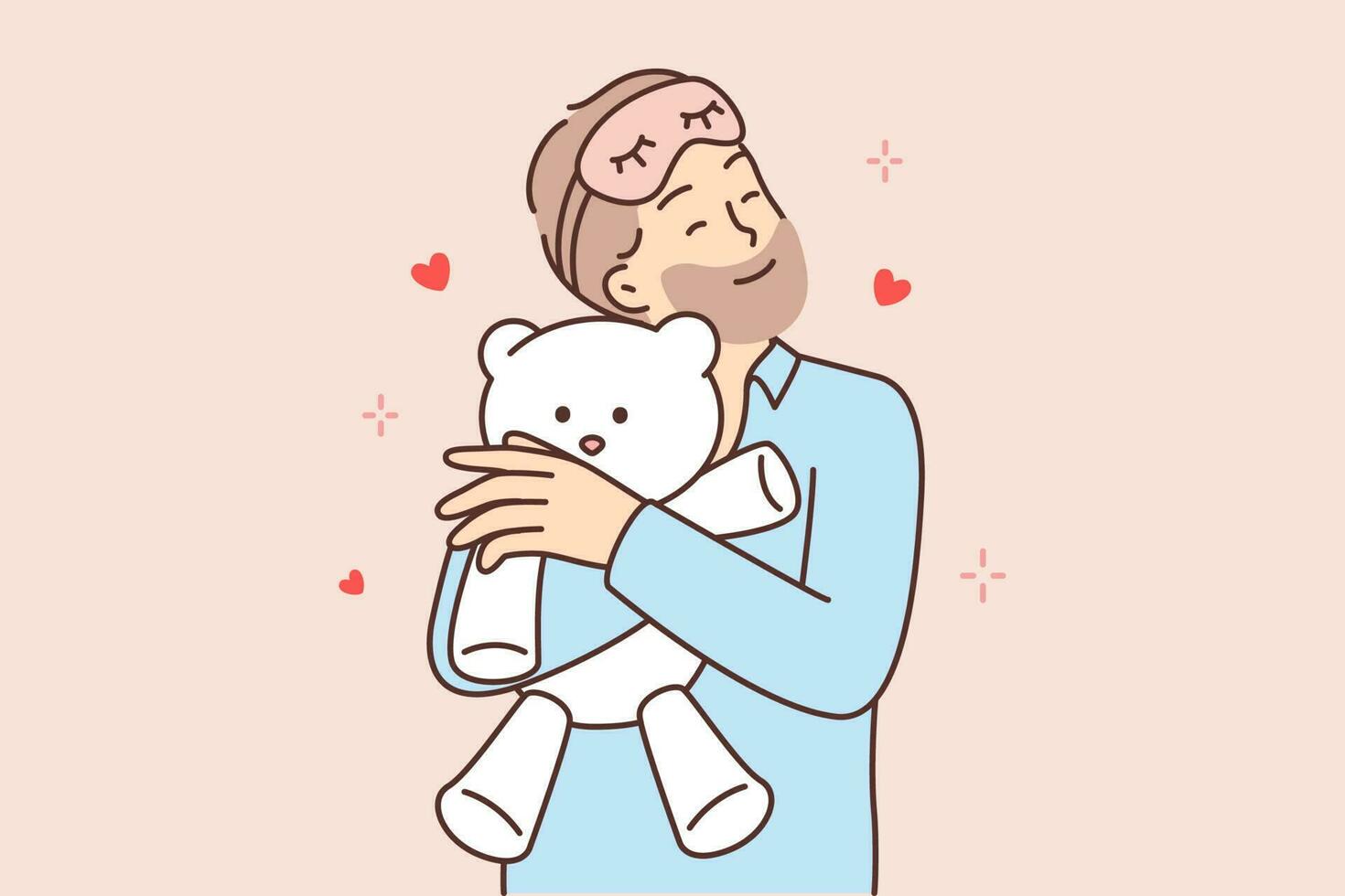 Funny bearded man hugging teddy bear before going to bed feeling attached to gift toy. Happy guy in teddy bear pajamas with immature demeanor feels nostalgic for childhood and adolescence vector