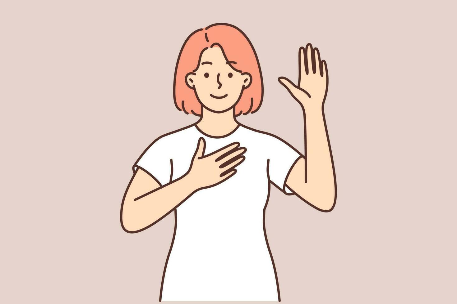 Woman promises to tell truth or takes solemn oath and swears with hand over heart and raising palm in sign of honesty. Honest girl activist in casual clothes makes important statement or oath vector