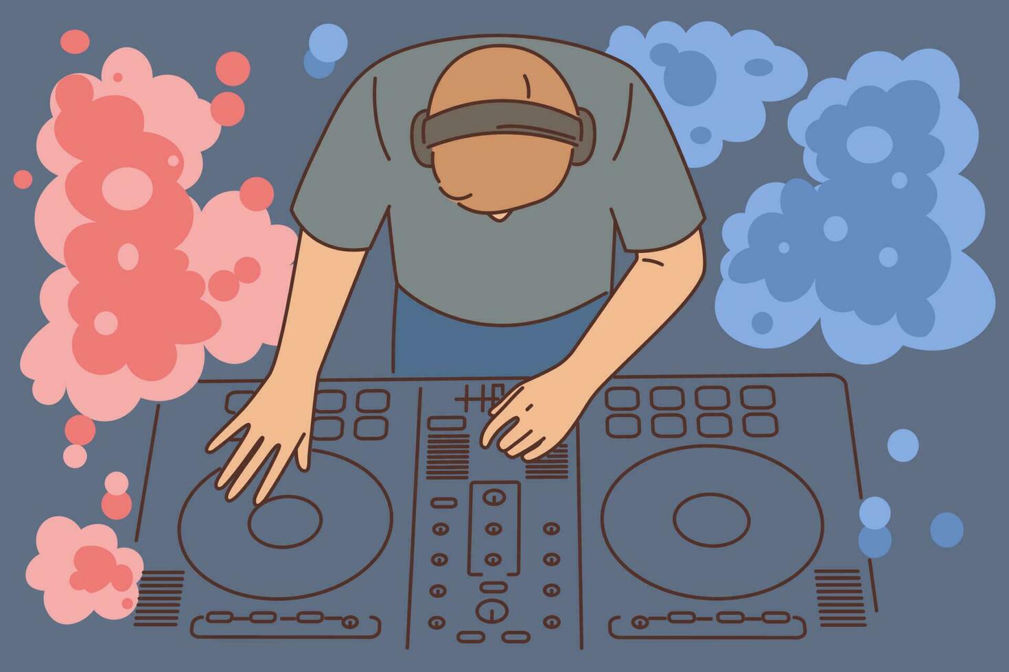 Nightclub DJ uses mixing console to play music from vinyl records to party goers. DJ guy with musical equipment to create energetic tracks during dance festival or disco in entertainment club vector