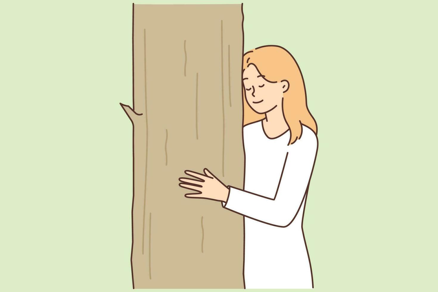 Teenage girl caringly hugging tree cuddling up to plant for concept of caring for nature. Woman enjoys wildlife and trees growing in forest or park and needing protection from environmental activists vector