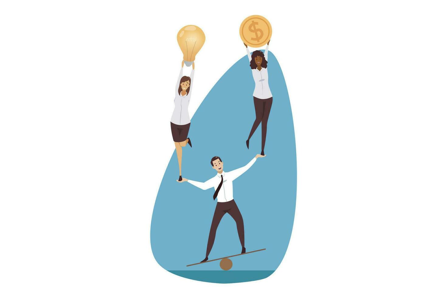 Support, management, leadership, teamwork, business concept. Coworking and team building illustration. Businessman leader balancing holding women partners managers colleagues with light bulb and coin. vector