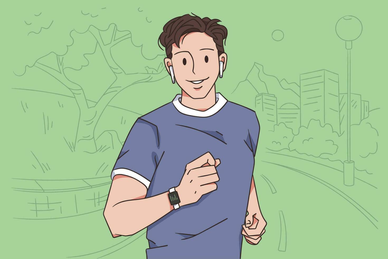 Healthy active lifestyle and sport concept. Young positive man cartoon character in fitness bracelet running jogging and listening to music in park vector illustration