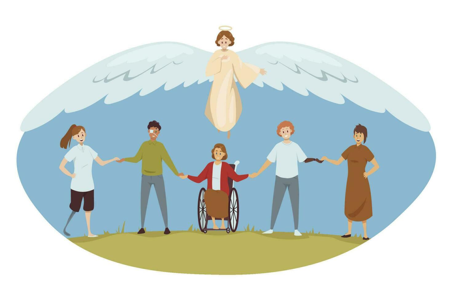 proteccion, discapacidad, apoyo, religión, cristiandad concepto. ángel bíblico religioso personaje proteger joven contento minusválido lesionado discapacitado personas hombres mujer. adivinar ayuda y cuidado de la salud. vector