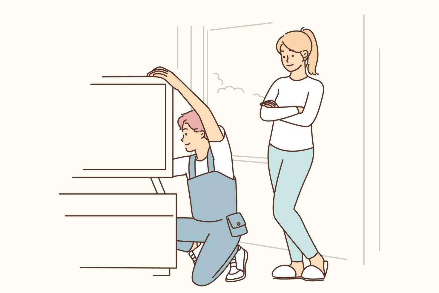 Engineer is repairing television in home of female client who called wizard to help install new TV to watch shows and movies. Master engineer in work overalls connects TV to cable or satellite dish vector