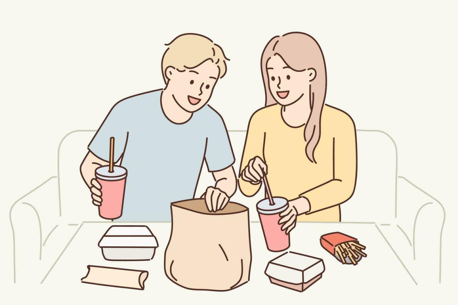 Man and woman have lunch sitting at table enjoy takeout food delivered by courier from restaurant. Guy and girl consume fast food and cold drinks, not wanting to spend time preparing dinner vector