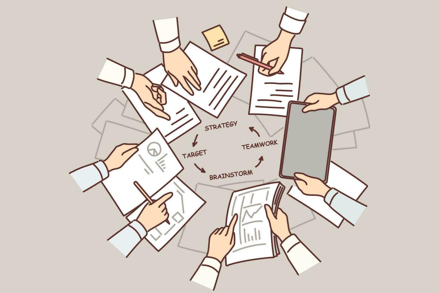 Hands of people over table with documents doing teamwork and strategizing during brainstorming, top view. Teamwork company employees considering plan to increase financial profit or marketing strategy vector