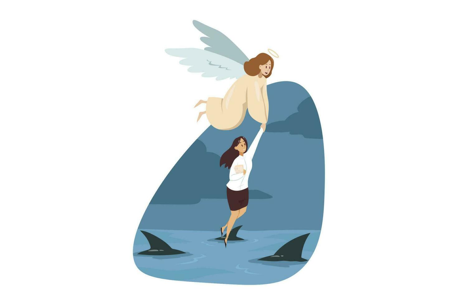 Religion, christianity, business concept. Angel biblical character helping carrying young businesswoman manager over sea full of sharks. Divine support from failure bankruptcy and financial crisis. vector